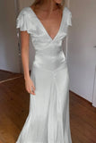 Elegant Satin V Neck Ruffles Short Sleeves Prom Dress with HZ0307