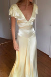 Elegant Satin V Neck Ruffles Short Sleeves Prom Dress with HZ0307