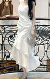 Elegant White Pleated Ruffle Dance Party Prom HZ0307