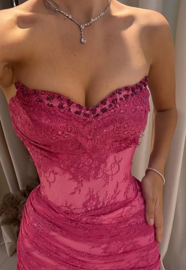 Pink Lace Mermaid Prom Dress with Slit - V-Neck Evening Party HZ0307