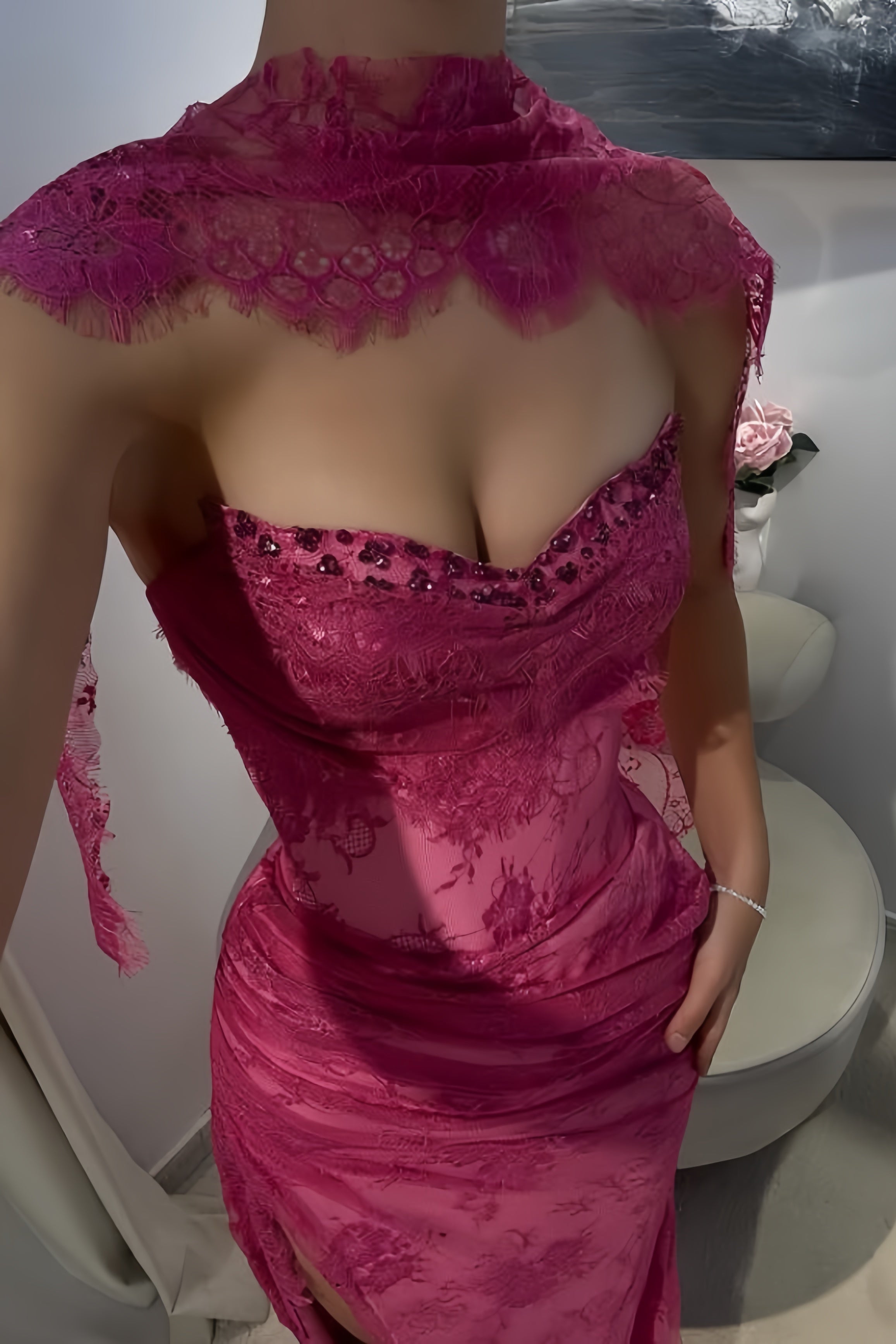 Pink Lace Mermaid Prom Dress with Slit - V-Neck Evening Party HZ0307