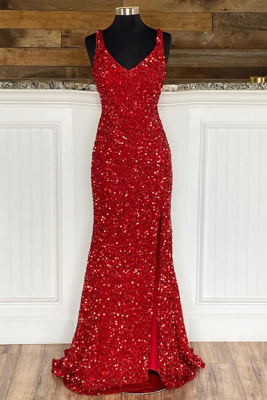 Elegant Red Sequin Mermaid Long Formal Dress with HZ0307