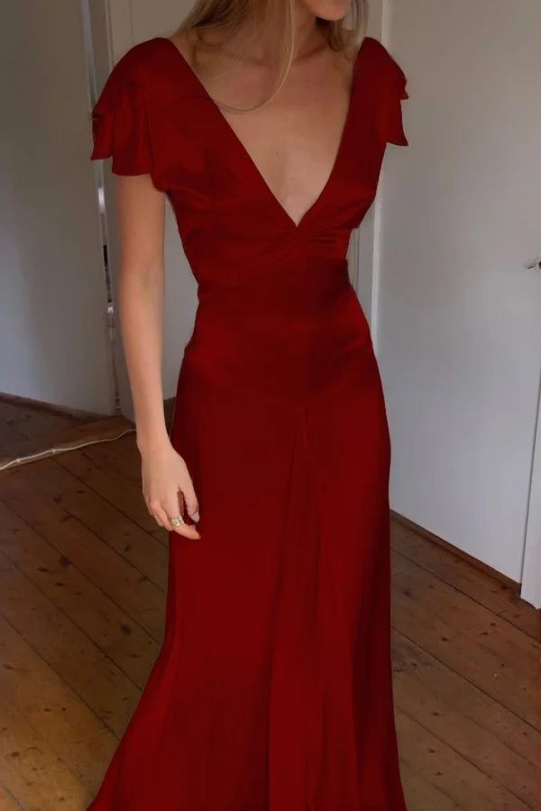 Elegant Satin V Neck Ruffles Short Sleeves Prom Dress with HZ0307