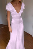 Elegant Satin V Neck Ruffles Short Sleeves Prom Dress with HZ0307