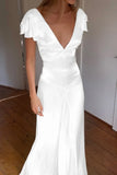 Elegant Satin V Neck Ruffles Short Sleeves Prom Dress with HZ0307