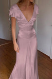 Elegant Satin V Neck Ruffles Short Sleeves Prom Dress with HZ0307