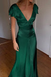 Elegant Satin V Neck Ruffles Short Sleeves Prom Dress with HZ0307