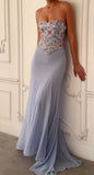 Fairy Blue Embroidery Floral Prom Dresses Slim Chiffon Evening Party HZ0307