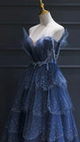 Fairy Blue Tulle Ruffle Prom Dresses V-neck Long Evening Party Dress With HZ0307