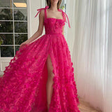 Fuchsia Tie Up Straps Lace Prom HZ0307