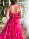 Fuchsia Tie Up Straps Lace Prom HZ0307