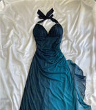 Glitter Halter Chiffon Prom Dress With Side Ruffle, HZ0307