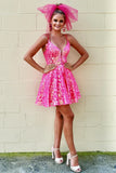 Glitter Hot Pink Lace Mini Homecoming Dress, Spaghetti Straps A-Line Senior Hoco Dress, HZ0307