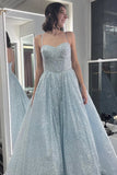 Glitter Light Blue A-Line Prom Dresses Empire-Waist Sleeveless Prom HZ0307
