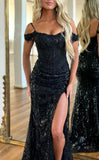 Glitter Off The Shoulder Black Prom HZ0307