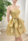 Gold Strapless A-Line Organza Homecoming Dresses, HZ0307
