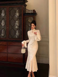 Gorgeous Mermaid High Neckline Ivory Satin Date Night Dress Prom Dresses Birthday Outfits , HZ0307