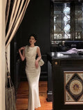Gorgeous Mermaid Jewel Neckline White Satin Floral Date Night Dress Long Prom Dresses Birthday Outfits, HZ0307