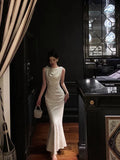 Gorgeous Mermaid Jewel Neckline White Satin Floral Date Night Dress Long Prom Dresses Birthday Outfits, HZ0307