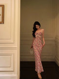Gorgeous Mermaid Spaghetti Straps Pink Floral Date Night Dress Long Prom Dresses Birthday Outfits, HZ0307