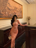 Gorgeous Sheath Square Neckline Long Sleeves Pink Lace Date Night Dress Long Prom Dresses Birthday Outfits, HZ0307