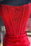 Strapless Appliques Split Red Prom Dress, Long Prom Dress HZ0307