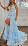 Halter V-Neck Appliques Ruffles Long Prom HZ0307