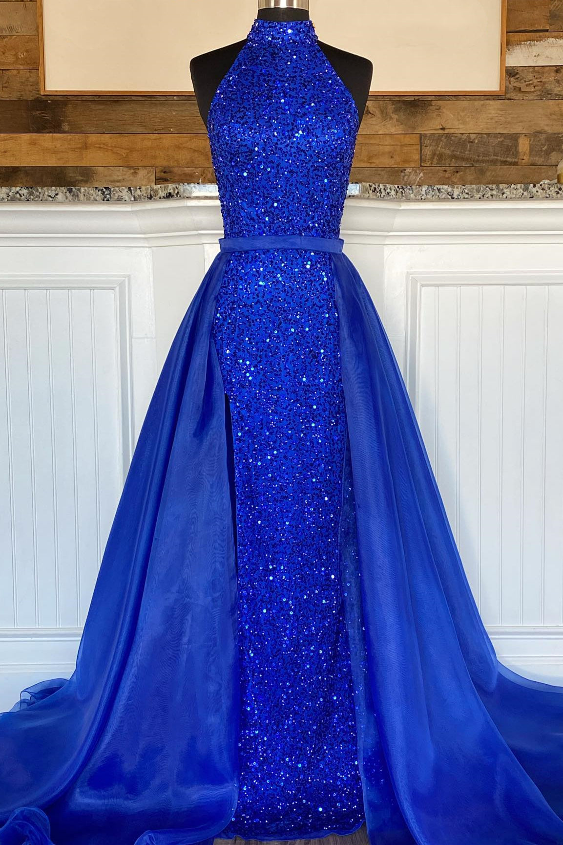 High Neck Royal Blue Sequin Mermaid Long Formal Dress with Detachable HZ0307