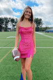 Hot Pink Bodycon Sequined Homecoming Dresses Mini Cocktail Dress, HZ0307