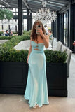 Knot Front Aqua Satin Fitted Long Party HZ0307