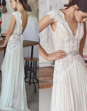 Ivory Lace V-Neck Wedding Dresses Sheath Long Bridal HZ0307