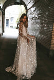 Two Pieces White Starry V-Neck Long Prom Dresses, Evening Party Dress HZ0307
