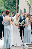 Light Blue Satin Bridesmaid Dresses Side Slit Wedding Party HZ0307