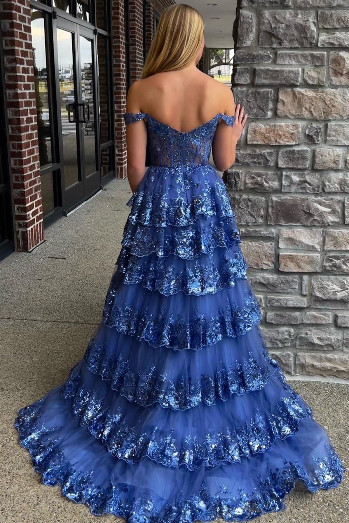 Corset Tulle Appliques Tiered Ruffle Long Prom Dress with HZ0307