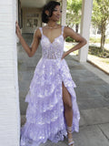 Lilac Sequin Lace Ruffles Prom Dress Split Evening HZ0307