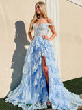 Lilac Sequin Lace Ruffles Prom Dress Split Evening HZ0307