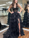 Lilac Sequin Lace Ruffles Prom Dress Split Evening HZ0307
