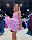 Lovely Pink Floral Tulle Homecoming Dresses With Ruffle Skirt, HZ0307