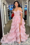 Off The Shoulder Pink Ruffles Long Prom HZ0307
