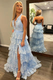 Halter Neck Light Blue Lace Ruffle Prom HZ0307