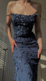 Navy Blue Floral Bodycon Prom HZ0307