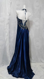 Navy Blue Halter Beaded Long Prom Dresses Slim Evening Party Gown With Slit HZ0307