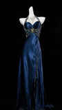 Navy Blue Halter Beaded Long Prom Dresses Slim Evening Party Gown With Slit HZ0307
