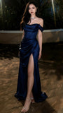 Navy Blue Long Prom Dresses Rutched Evening Party HZ0307