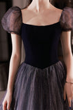 Navy Blue A-line Short Puffy Sleeves Princess Long HZ0307