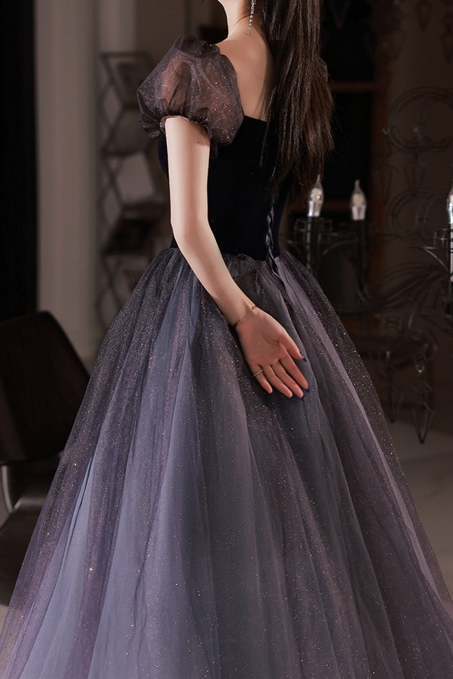 Navy Blue A-line Short Puffy Sleeves Princess Long HZ0307