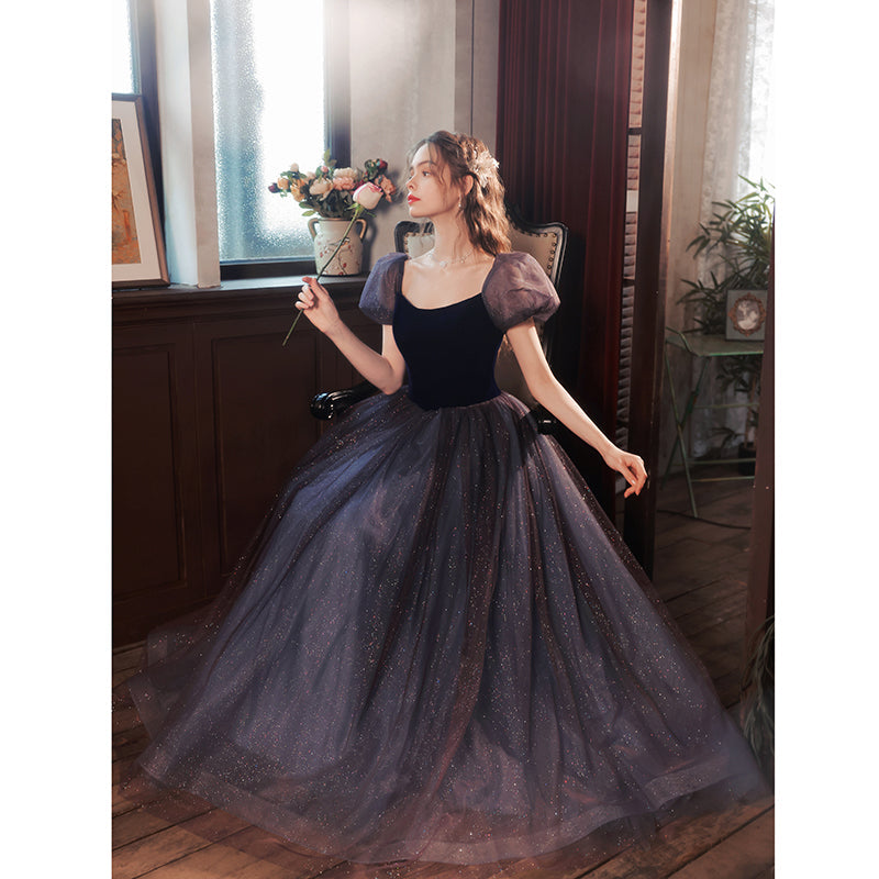 Navy Blue A-line Short Puffy Sleeves Princess Long HZ0307