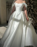 Off The Shoulder A-line White Wedding Dresses Satin Simple Bridal HZ0307