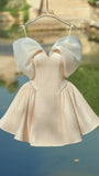 Off The Shoulder Bowknot Beige Beaded Short Dress, HZ0307
