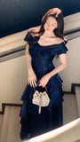 Off The Shoulder Navy Blue Prom Dresses Ruffle School Event Dress Women Formal HZ0307